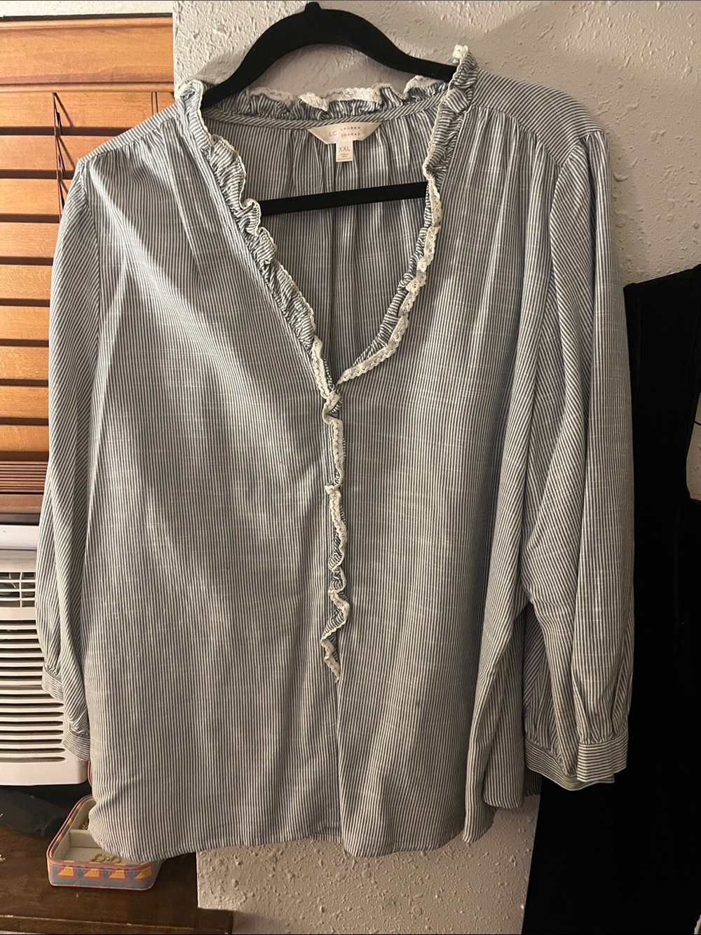 LC Lauren Conrad Blue Pinstripe Ruffle-Trim Blouse